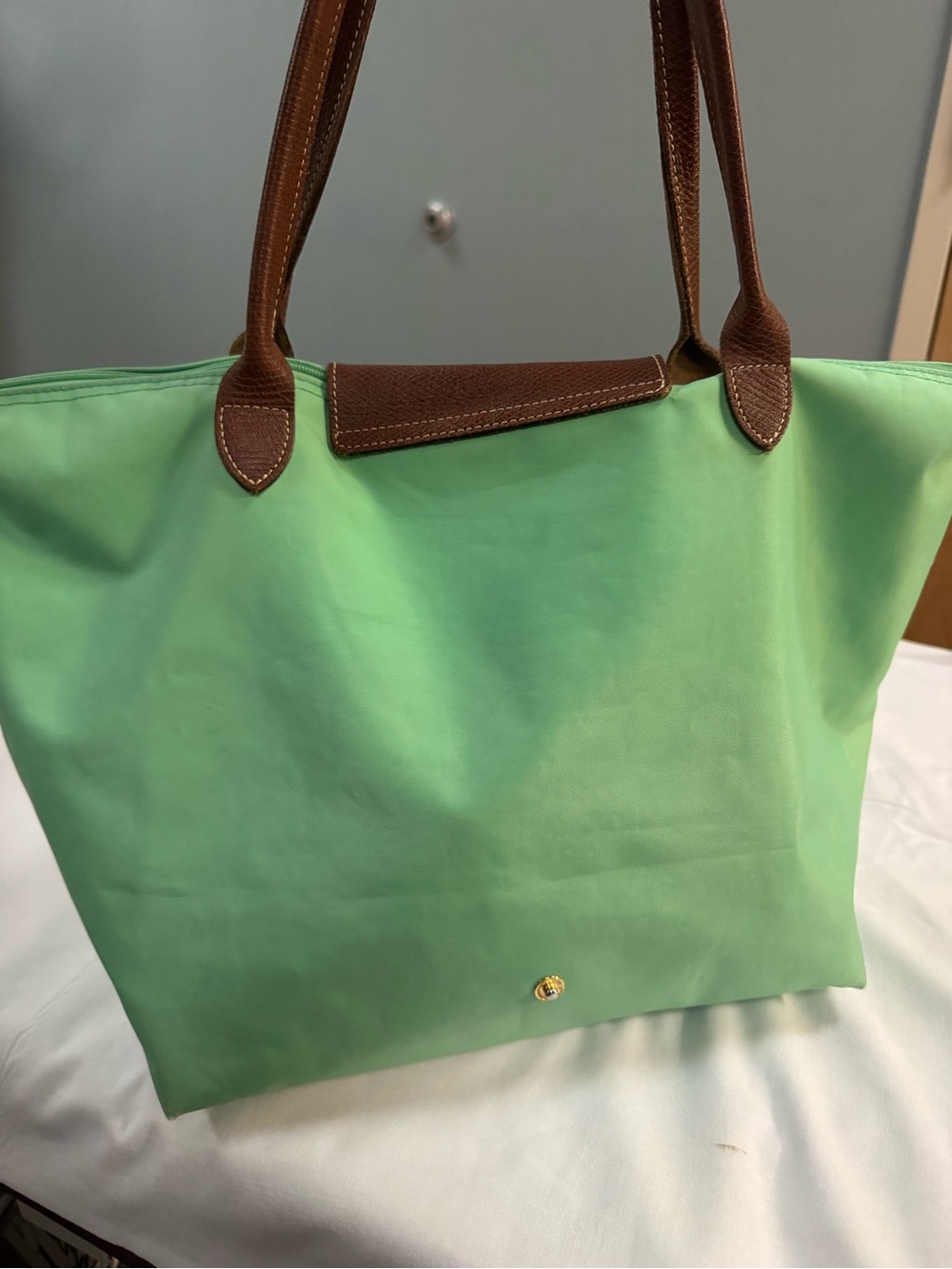 Longchamp Green Tote with Pink Lettering and Brown Trim - Picture 2 of 14